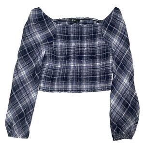INC International Concepts Navy Plaid Off-Shoulder Blouse sz L